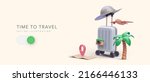 Time to travel concept poster in 3d realistic style with suitcase, palm tree, hat, camera, airplane, map. Vector illustration