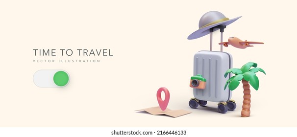 Time to travel concept poster in 3d realistic style with suitcase, palm tree, hat, camera, airplane, map. Vector illustration