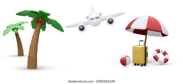 Afiche del concepto de tiempo de viaje en 3d estilo realista con maleta, palmera, avión, bola de perra, paraguas .Vector ilustración