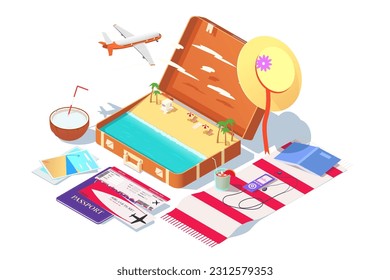 Afiche de concepto de tiempo para viajar en 3d estilo isométrico con maleta abierta. Equipaje con playa del océano. Palmeras, sombreros, aviones, pasajes y pasaportes para viajes o viajes. Reserva online. Ilustración del vector