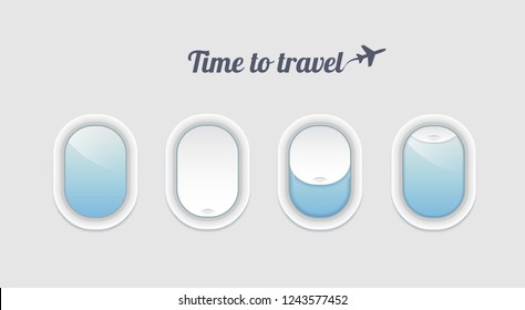 Time to travel concept with realistic portholes . Vector airplane windows inside view. Aircraft open and closed window template. 