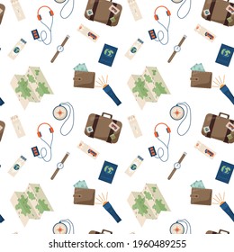 Time to travel concept. Travel seamless pattern. Vector illustration.