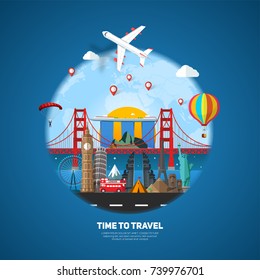 Time to travel concept, sight through a telescope on miniature places and landmarks. 