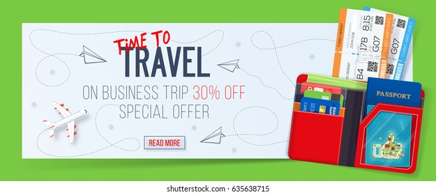 Time to travel concept, special offer 30% off on business trip, banner with tickets and wallet. Vector illustration