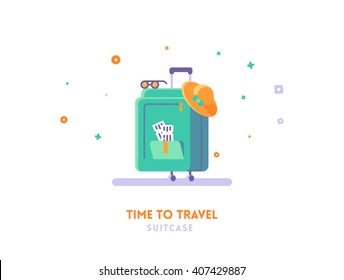 Time to travel concept. Suitcase flat vector icon illustration.