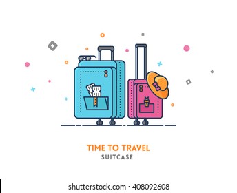 Time to travel concept. Suitcase flat outline vector icon illustration.