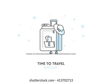 Time to travel concept. Suitcase flat outline vector icon illustration.