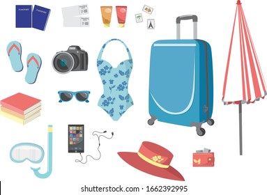 Time To Travel Concept. Suitcase And Items For Vacation. Vector Illustration Of Travel Suitcase With Clothes And Travel Elements. Travel Packing