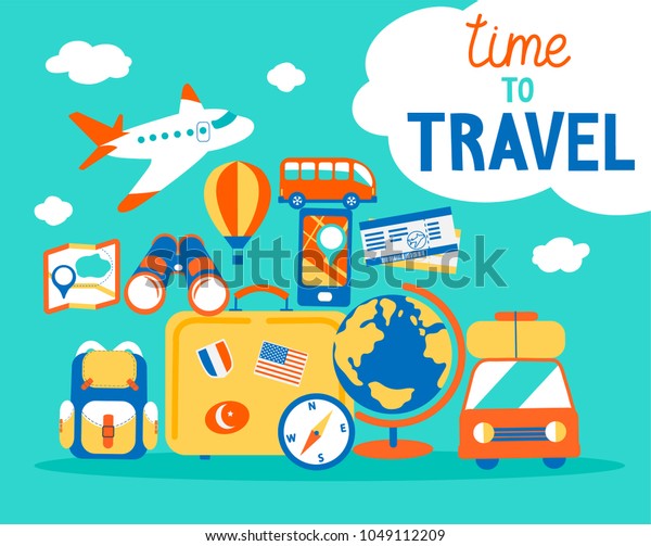 Time to travel concept. Summer vacations with\
different journey objects. Travelling poster with handdrawn\
lettering. Vector illustration in flat\
style.