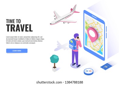 Time to travel concept. User with a backpack. Web banner, infographics. Isometric vector illustration.
