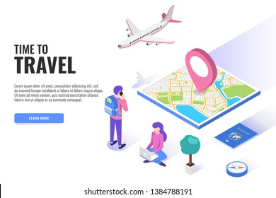 Time to travel concept. User with a backpack. Web banner, infographics. Isometric vector illustration.