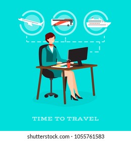 Time to travel concept vector illustration. Travel agency female at work, traveling means of transport airplane, coach bus and cruise ship cons. Flat style design.