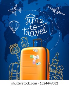 Time to travel concept. Vector illustration with red orange handbag