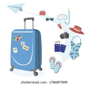 Time to travel concept. Vector illustration of travel suitcase with clothes and travel elements. Travel packing