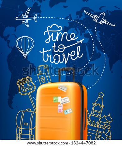 Time to travel concept. Vector illustration with red orange handbag