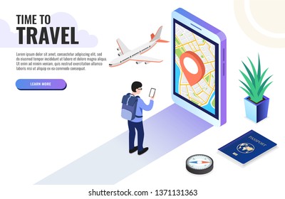 Time to travel concept. Web banner, infographics. Isometric vector illustration.
