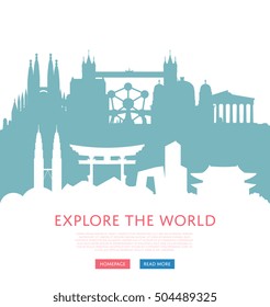 Time to travel concept with worldwide travel landmarks. Famous architectural landmarks and worldwide air traveling. 