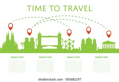 Time to travel concept with worldwide travel landmarks. Famous architectural landmarks and worldwide air traveling. 