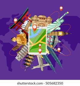 Time to travel concept with worldwide travel landmarks. Famous architectural landmarks and worldwide air traveling. 