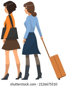 Time to travel concept. Young women with suitcase and handbag vector illustration. Recreation and tourism, journey, vacation. Ladies with baggage for things. Female passengers holding travel luggages