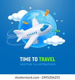 Time to travel conceptual banner template with 3d realistic white plane, flying around the globe, routes, location pins on blue  background, place for text. Cartoon minimal style. Vector illustration