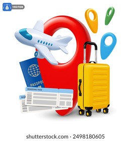 Time to travel conceptual banner template with 3d realistic white plane, flies out of large red location pin, yellow travel suitcase, passport and air tickets. Vector illustration