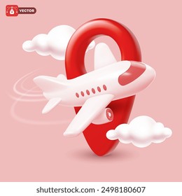 Tiempo para viajar Plantilla conceptual del Anuncio con el plano blanco realista 3D, volando alrededor del Grande pin rojo de la ubicación en el fondo rosado con las nubes. Estilo minimalista de dibujos animados. Ilustración vectorial