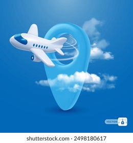 Time to travel conceptual banner template with 3d realistic white plane, flying around large location pin on blue sky background with clouds. Cartoon minimal style. Vector illustration