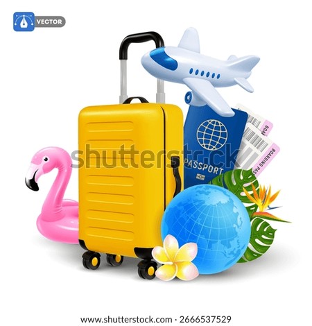 Time to travel conceptual design with 3d realistic travel items, white flying plane, yellow suitcase, globe, passport, exotic flowers and cute pink inflatable flamingo. Isolated vector illustration