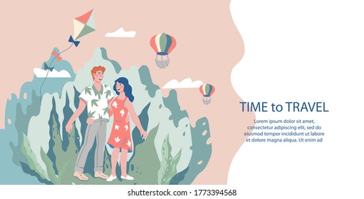 Time to travel and couple vacations web banner template with young tourists man and woman traveling together. Summer traveling and tourism for two concept, flat vector illustration.