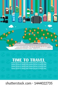 Time to travel, with cruise lainer and world map .Lorem ipsum is simply text.Vector illustration