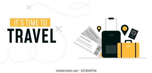 Its time to travel design banner vector illustration. Template with journey equipment flight tickets, yellow and black suitcases, passports and airplanes with location pin flat style. Tourism concept