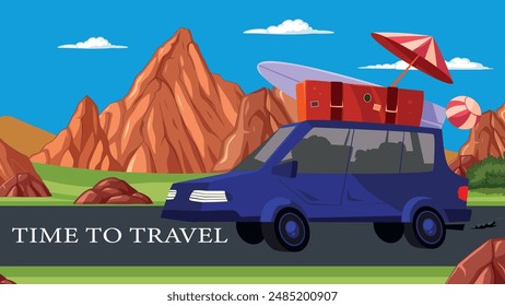 Time to Travel design. Big blue car on the road near mountains. Speed means of transportation on thighway to huge hills. Green grass and growing palms with blue sky in background. Vector illustration.