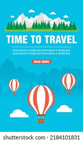 Es hora de viajar diseñando banner plano. Viajar en globo. Ilustración del vector