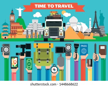 Time to travel design flat with SUV. Summer world holiday.Vector illustration