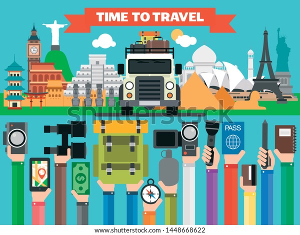 Time to travel design flat with SUV. Summer\
world holiday.Vector\
illustration