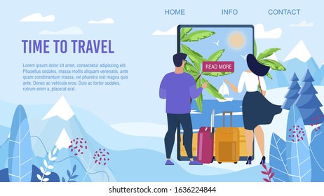 Time to Travel Design. Landing Page Advertising Trendy Mobile Application for Tour Selection to Exotic Country. Man Woman Couple Standing front of Mobile Screen Choosing Resort. Vector Illustration