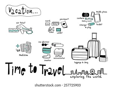 Time to Travel doodle & Exploring the World White background, Things to prepare for Vacation