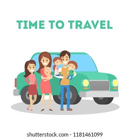 Time to travel with family. Happy parents and children standing at the green car. Idea of holiday and vacation. Isolated flat vector illustration
