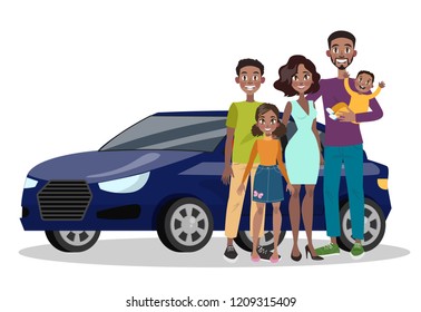 Time to travel with family. Happy parents and children standing at the dark blue car. Idea of holiday and vacation. Isolated flat illustration