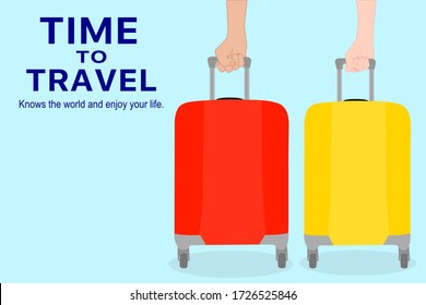 Time to Travel with family together. the 2 luggages (red and yellow) is holding by man and Woman hand. around the world, Road trip vacation. Tourism or Journey concept. 