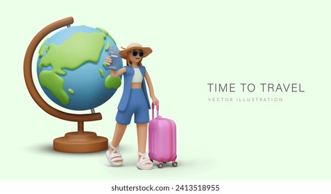 Time to travel. Female character walks in front of giant globe. Girl holds airline tickets in her hand. Tourist is in hurry with suitcase. Web banner for social networks