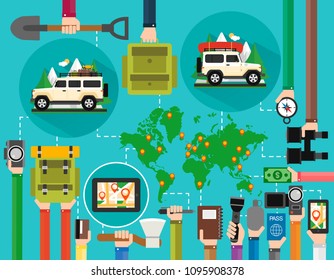 Time to travel flat design set, summer holiday with two SUV and map of the earth .Vector illustration