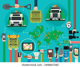 Time to travel flat design set, summer holiday with SUV, camper, trailer and map of the earth.Vector illustration