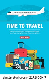 Es hora de viajar en un estilo de diseño plano. Viaja por el mundo en avión. Ilustración del vector