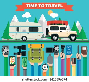Time to travel flat design with SUV, trailer camping. Summer holiday.Vector illustration
