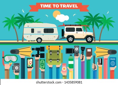 Time to travel flat design with SUV, camping trailer. Summer holiday.Vector illustration