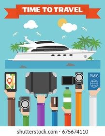 Time to Travel Flat design with yacht .Modern vector illustration
