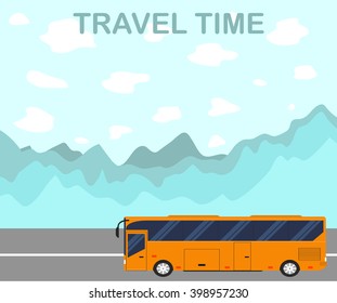 The time to travel. Flat style. The tourist bus. The road along the mountain landscape. A vacation or a trip at the weekend. Vector illustration.