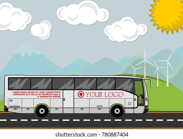 Time to travel. Flat vector white bus goes on the highway. Green Hills, Mountains, road and clouds landscape. Banner concept template
